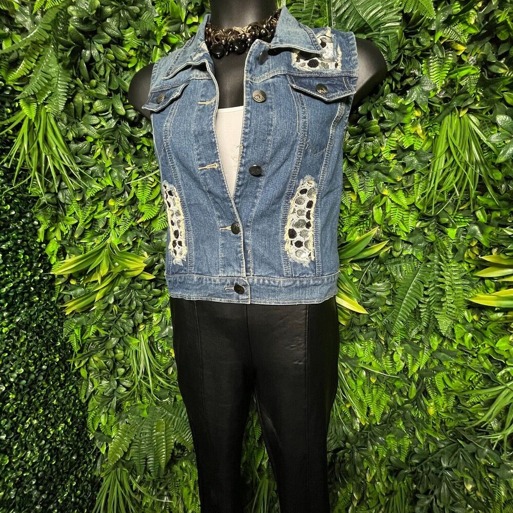 Women Vest Denim 1XL Blue Sequins Accent Polka Dots Waist Coat‎ BUZZ 1618 - Picture 3 of 7